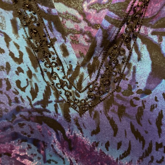 Chico's Top Wmns Sz 3 Blue Animal Print Silk Rayon Beaded V-Neck LS Grandma-Core - Picture 5 of 8